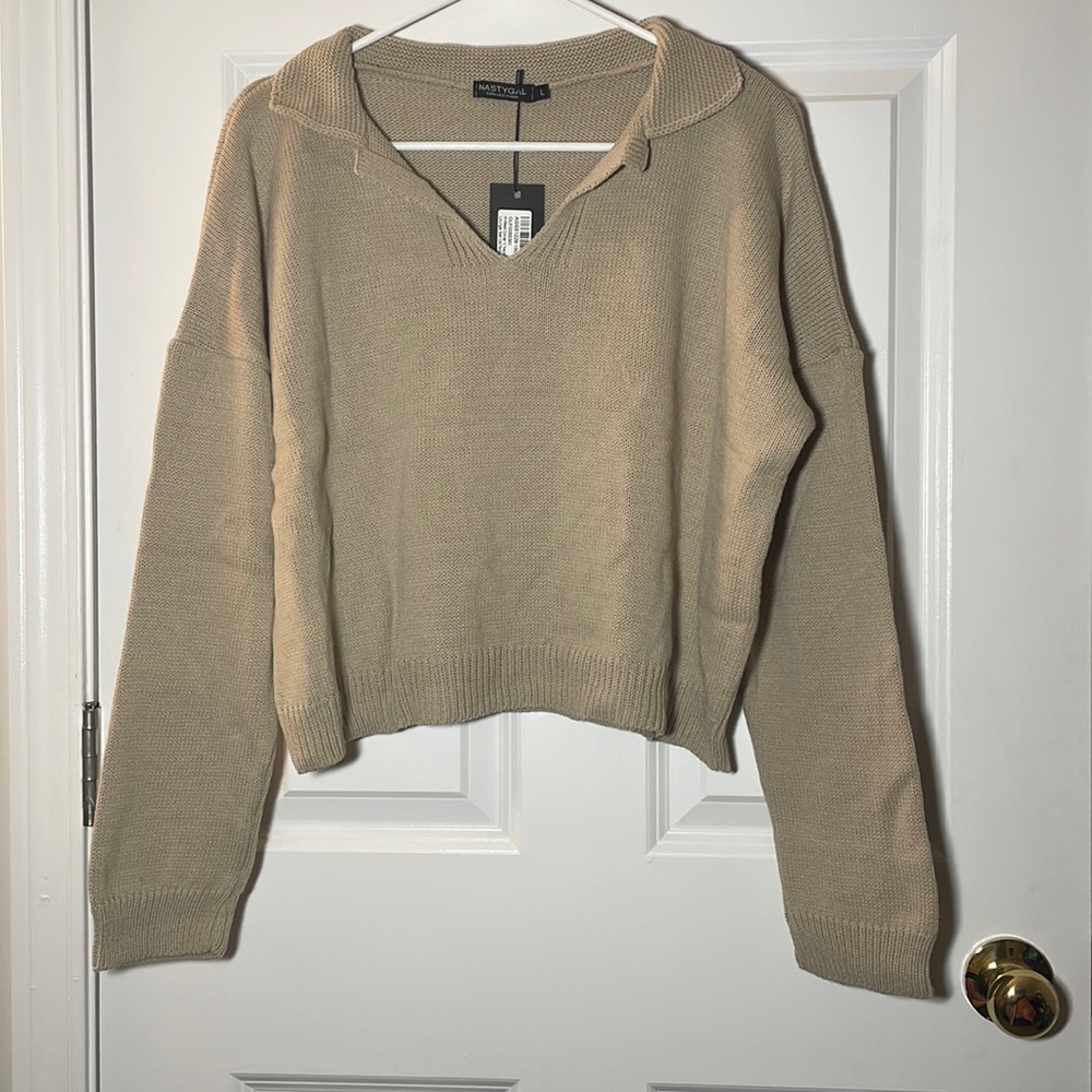 Nasty Gal Tan Crop Collared Sweater